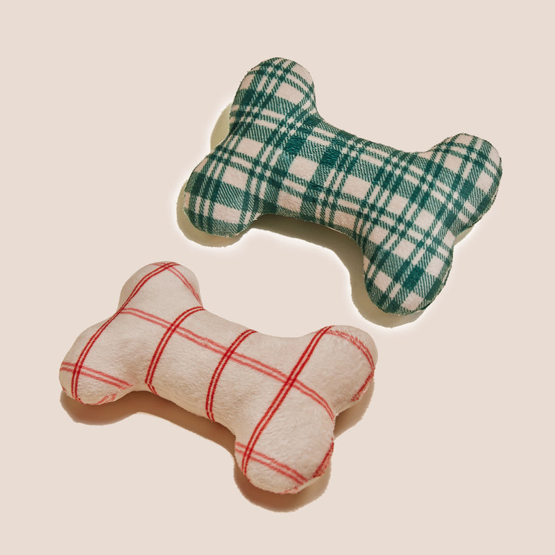 6" Candy Cane Red + Christmas Tree Green Bone Shaped Plush Toy Bundle