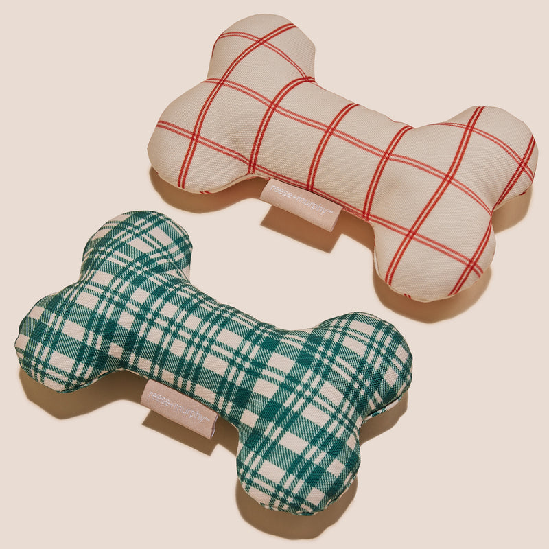8" Candy Cane Red + Christmas Tree Green Bone Shaped Plush Toy Bundle