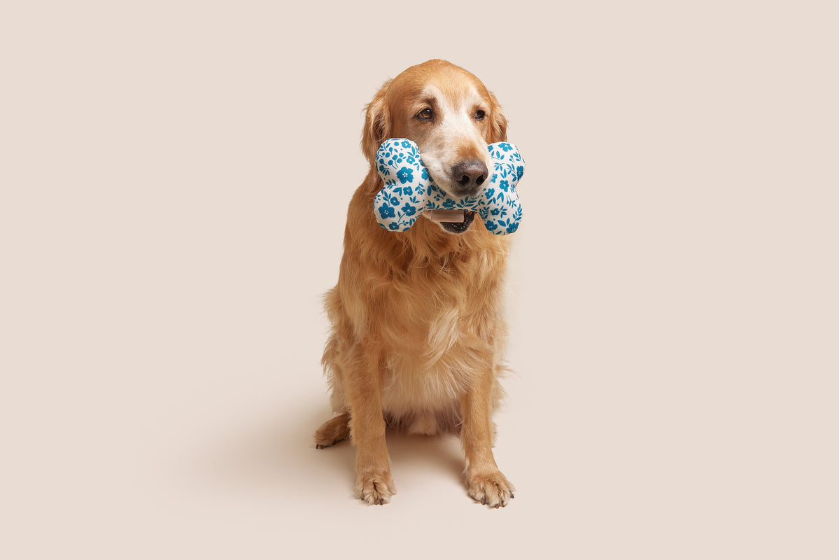 Blue Floral Bone Shaped Plush Toy 8"