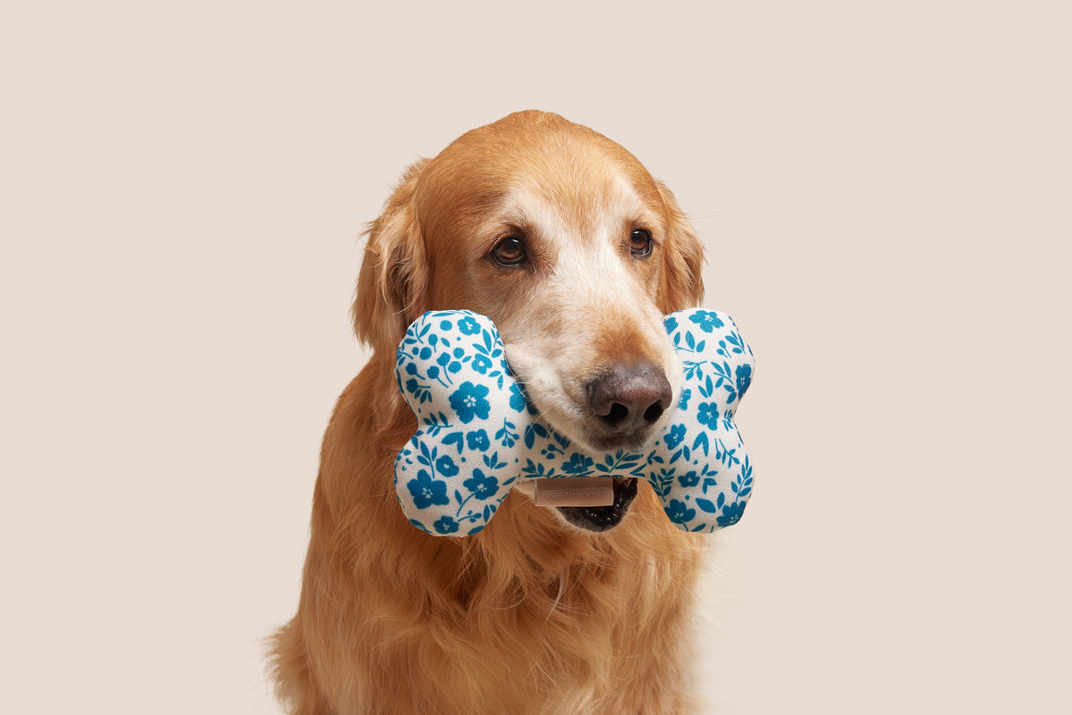 Blue Floral Bone Shaped Plush Toy 8"