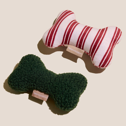 Green Sherpa + Red Striped Bone Shaped Plush Toy Bundle 8"