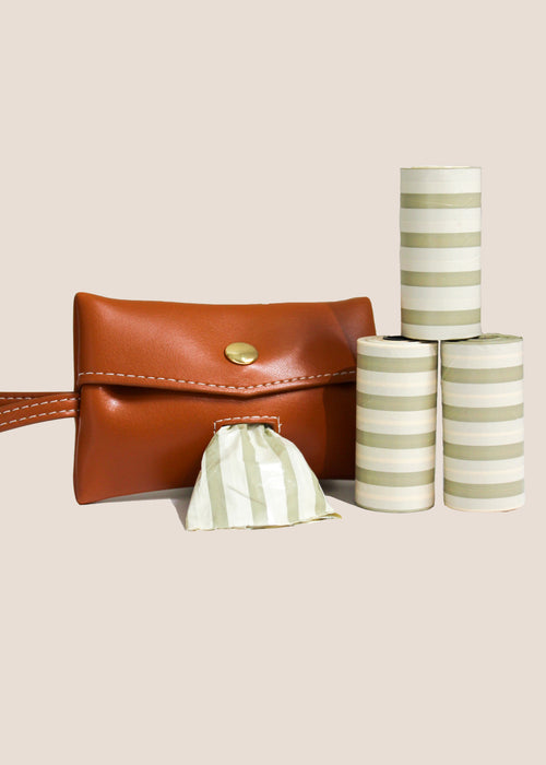 Brown Leather Waste Bag Carrier + Waste Bag Refills