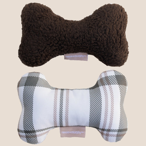 Chocolate Sherpa + Brown Plaid Bone Shaped Plush Toy Bundle 8"