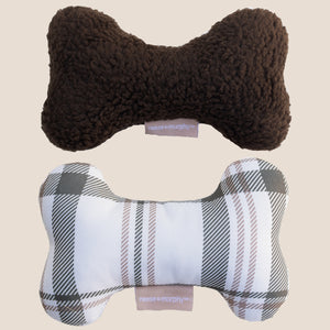 Chocolate Sherpa + Brown Plaid Bone Shaped Plush Toy Bundle 8"